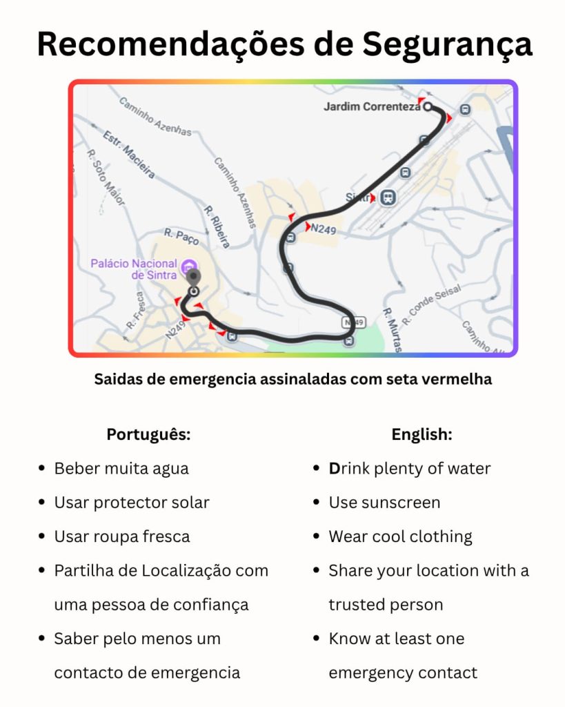 PORTUGUÊS A imagem tem o titulo: Recomendações de Segurança. De seguida está colocado um mapa do percurso com setas vermelhas de todas as saídas de emergência e uma descrição em português e inglês que informa que as recomendações são beber muita agua, usar protector solar, usar roupa fresca, partilha de Localização com uma pessoa de confiança e saber pelo menos um contacto de emergência. ENGLISH This image is titled: Safety Recommendations. Following this is a map of the route with red arrows indicating all emergency exits and a description in Portuguese and English stating that the recommendations are to drink plenty of water, use sunscreen, wear cool clothing, share your location with a trusted person, and know at least one emergency contact.
